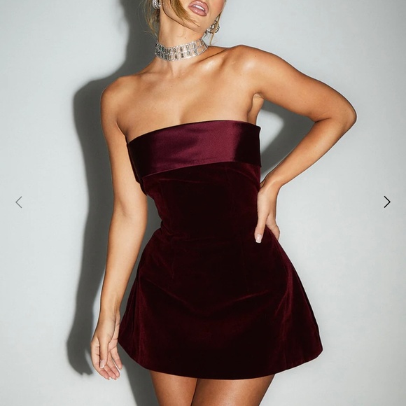 MURCI Fold Over Mini Dress in Burgundy Velvet - Picture 1 of 2